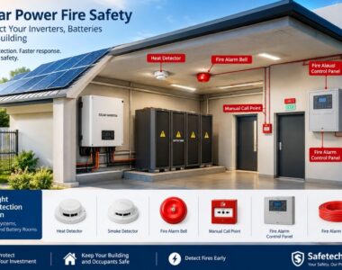 Solar power fire safety system protecting an inverter and battery room