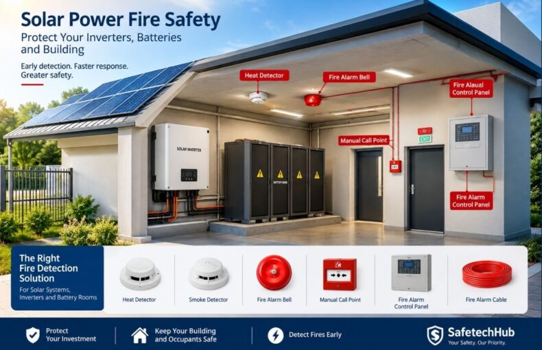 Solar power fire safety system protecting an inverter and battery room