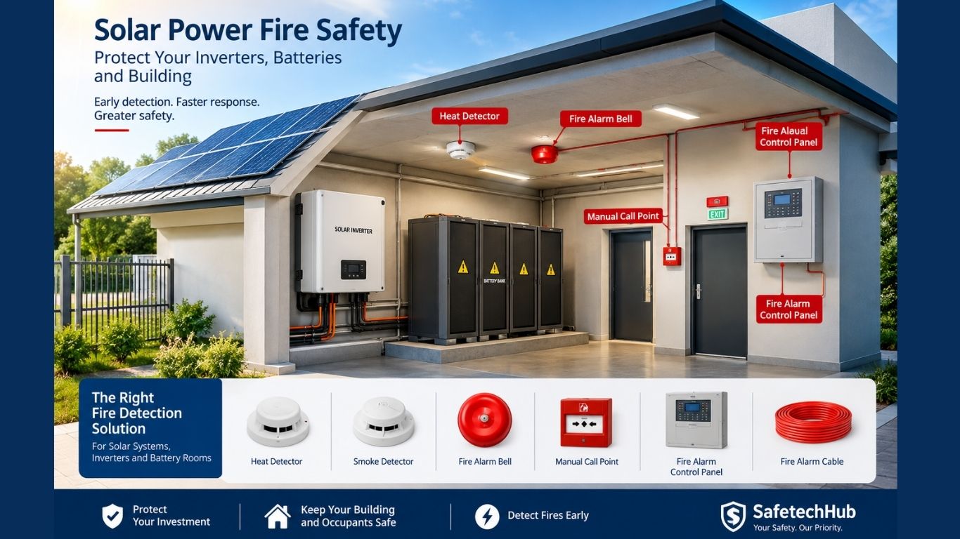 Solar power fire safety system protecting an inverter and battery room